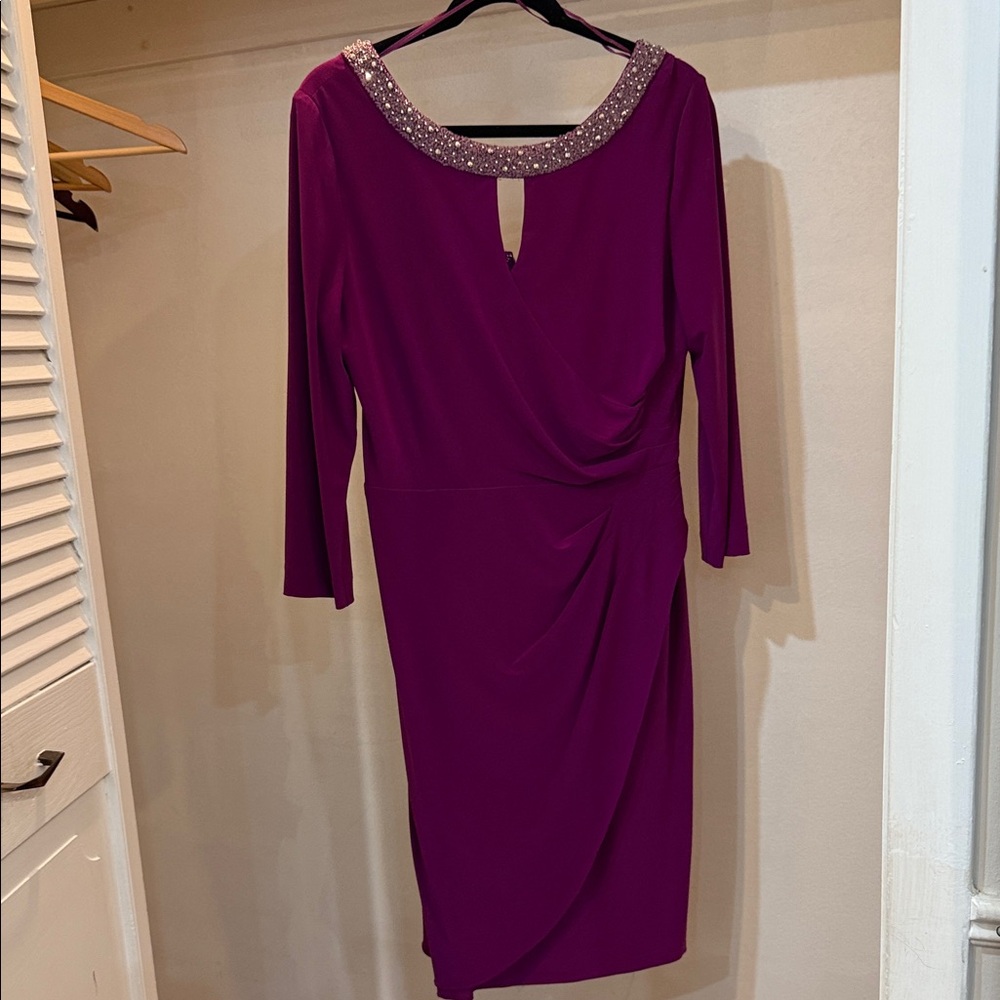 Alex Evenings Purple Long Sleeve Dress with Beaded Neckline